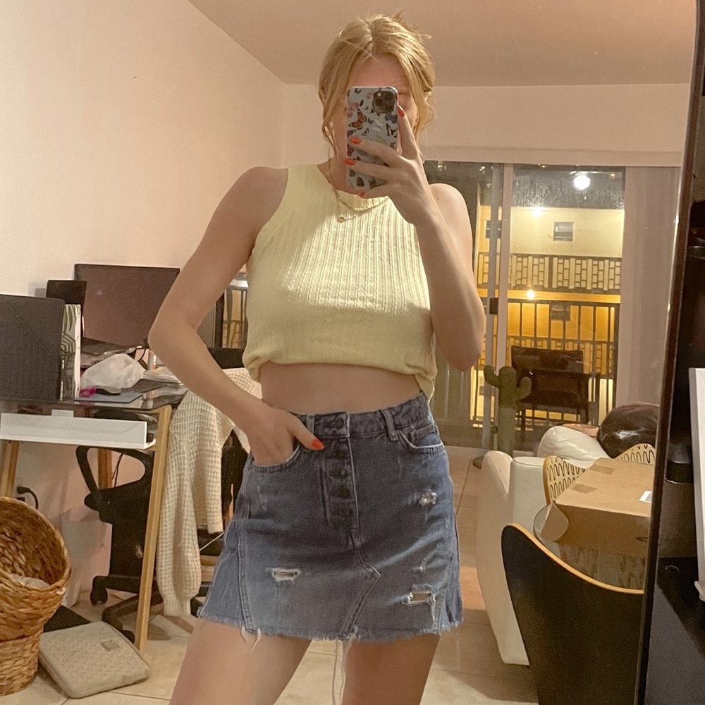 Free people denim a line distressed mini skirt